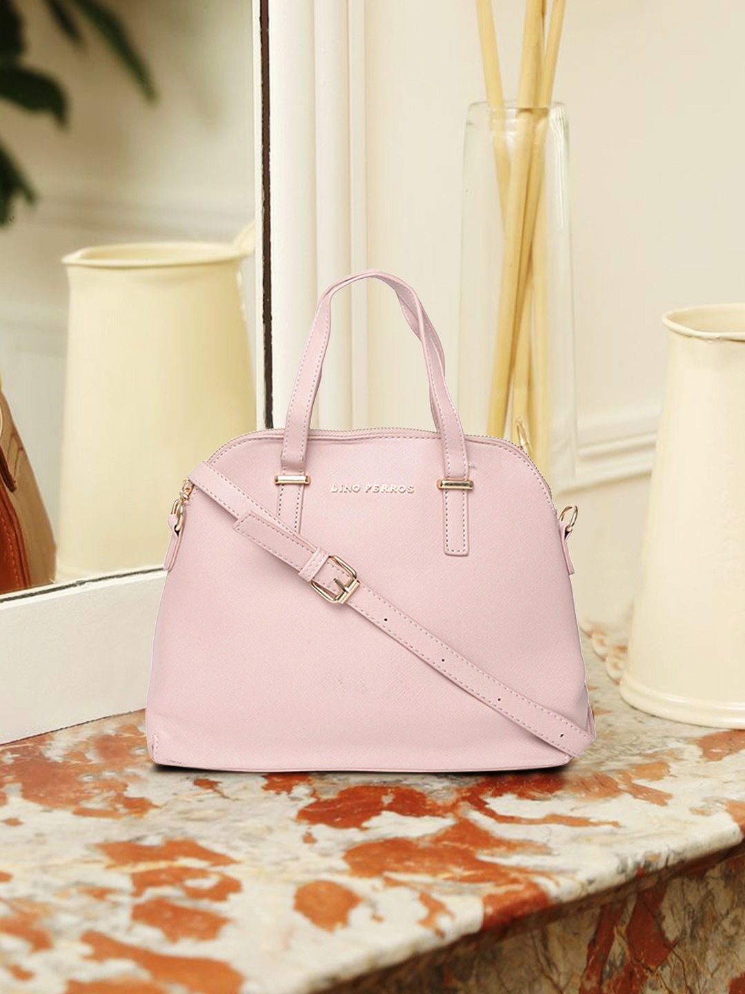 

Lino Perros Pink Solid Handheld Bag with Detachable Sling Strap
