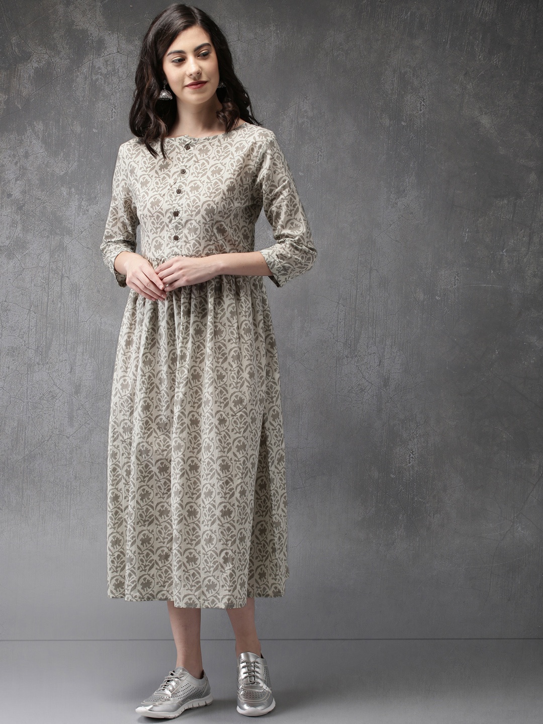 

Anouk Women Off-White & Grey Printed A-Line Kurta