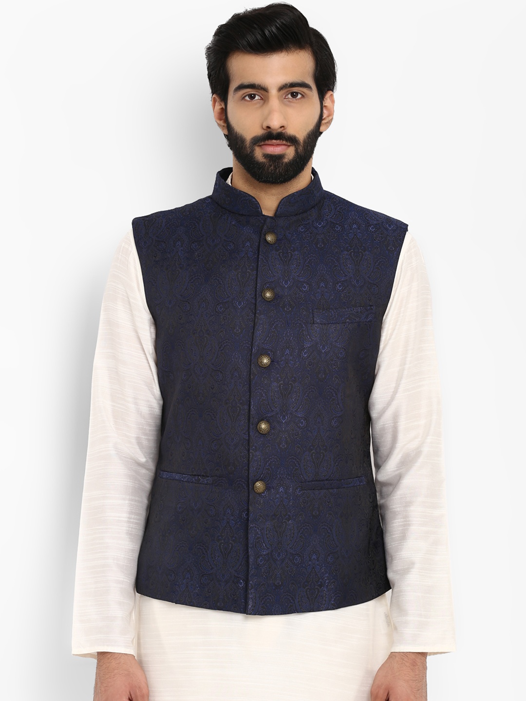 

ethnix Men Blue Woven Design Nehru Jacket