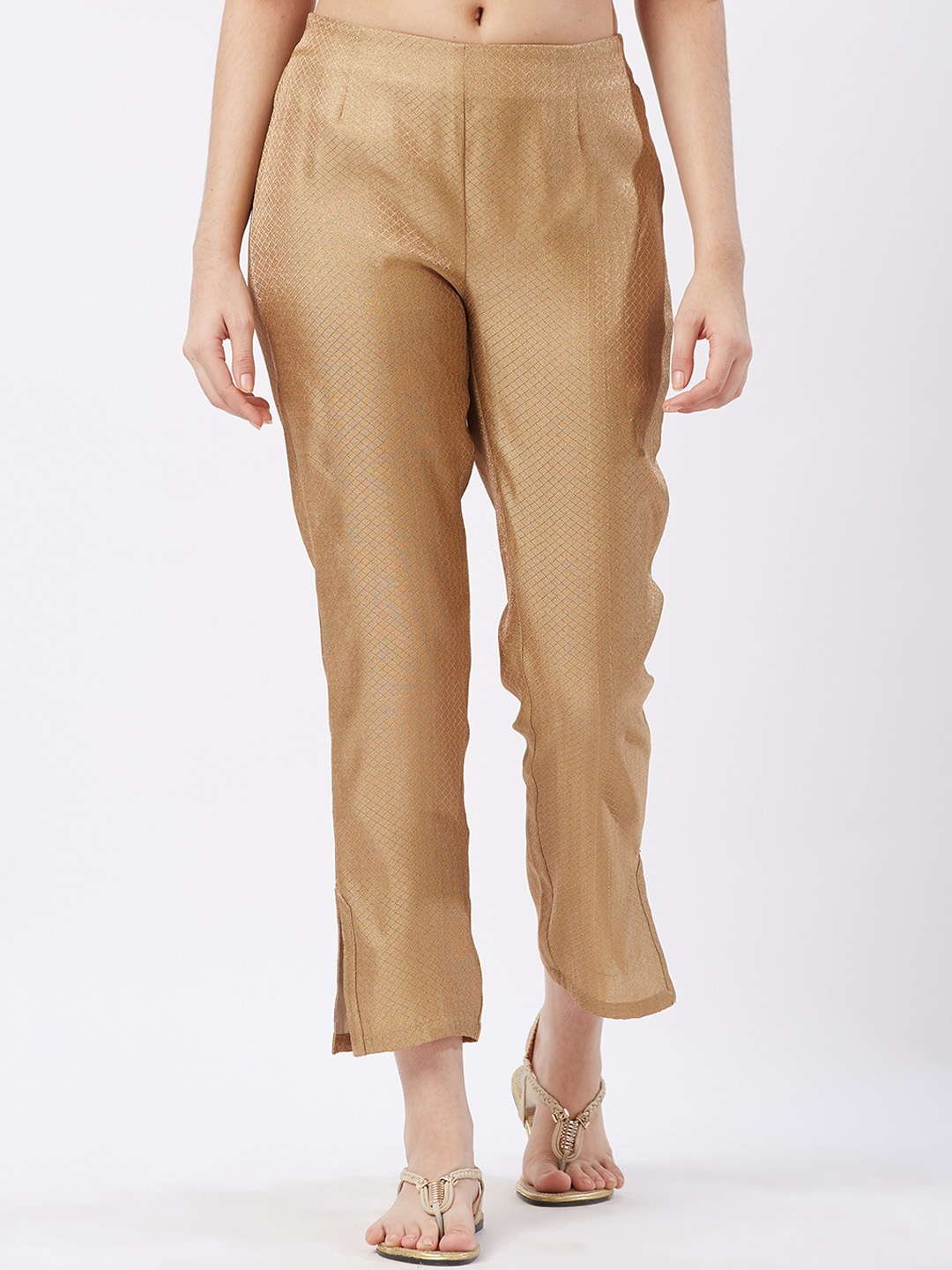 

Fusion Beats Women Golden-Coloured Straight Fit Self Design Regular Trousers, Gold