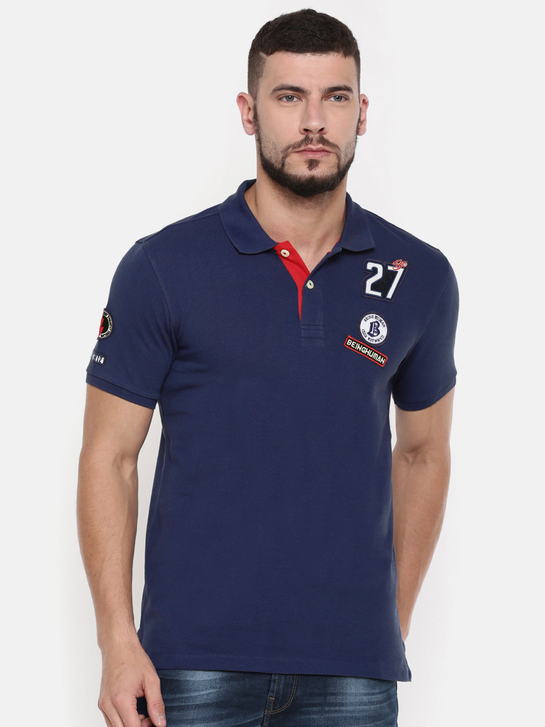 

Being Human Clothing Blue Solid Polo Pure Cotton T-shirt