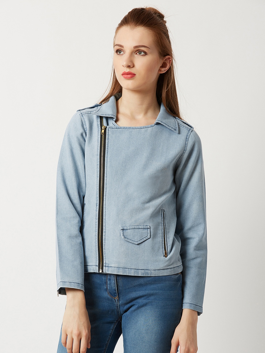 

Miss Chase Women Blue Solid Lightweight Biker Jacket