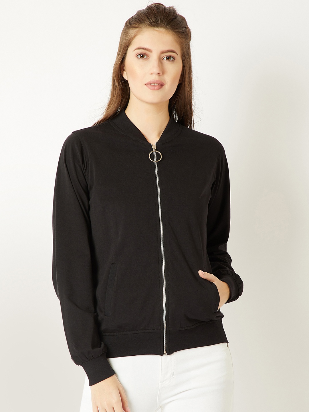 

Miss Chase Women Black Solid Lightweight Bomber