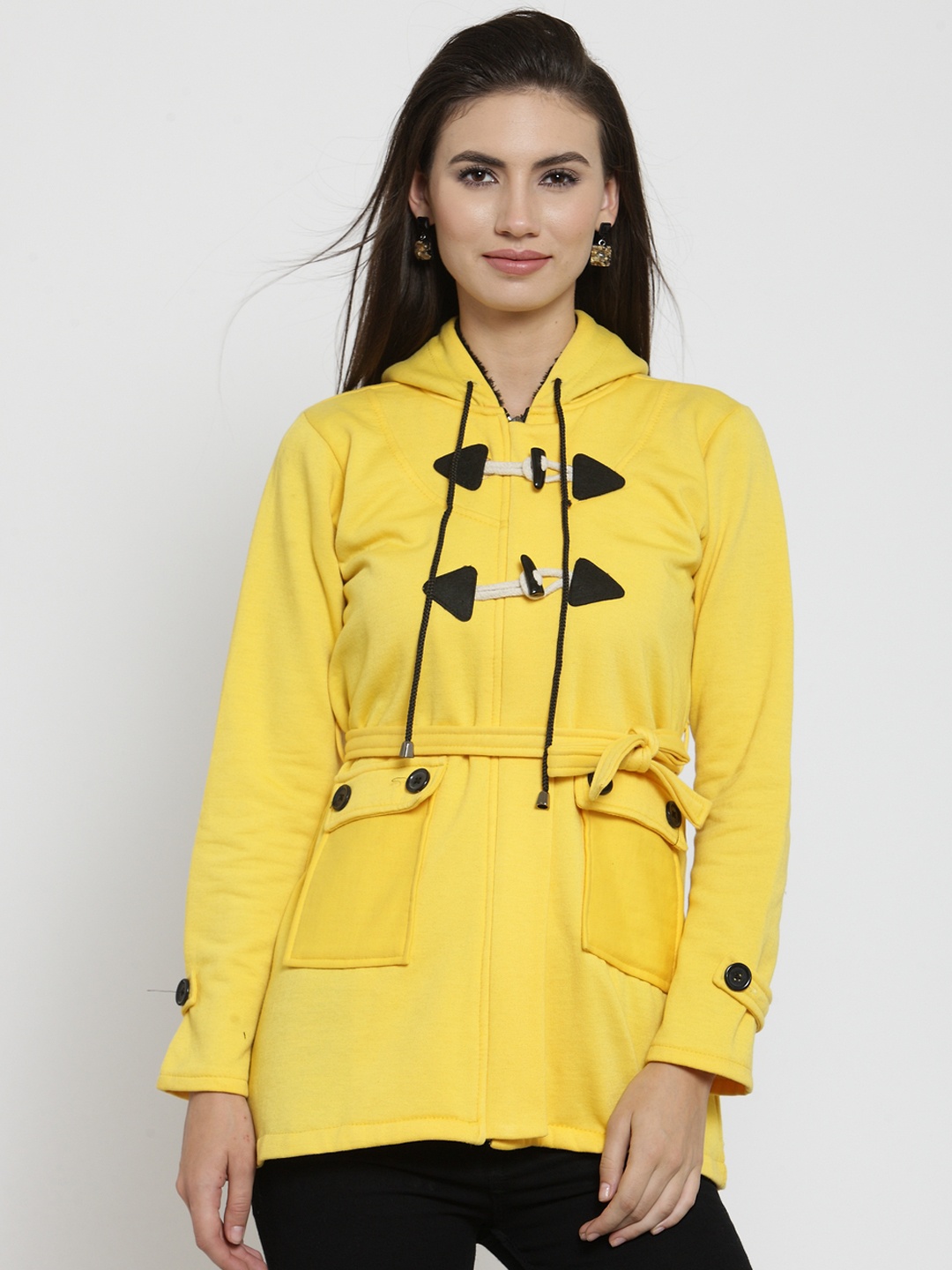 

Belle Fille Women Yellow Solid Hooded Duster Jacket