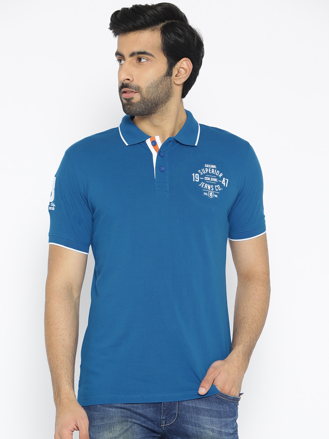 

Oxemberg Men Blue Solid Polo Collar T-shirt