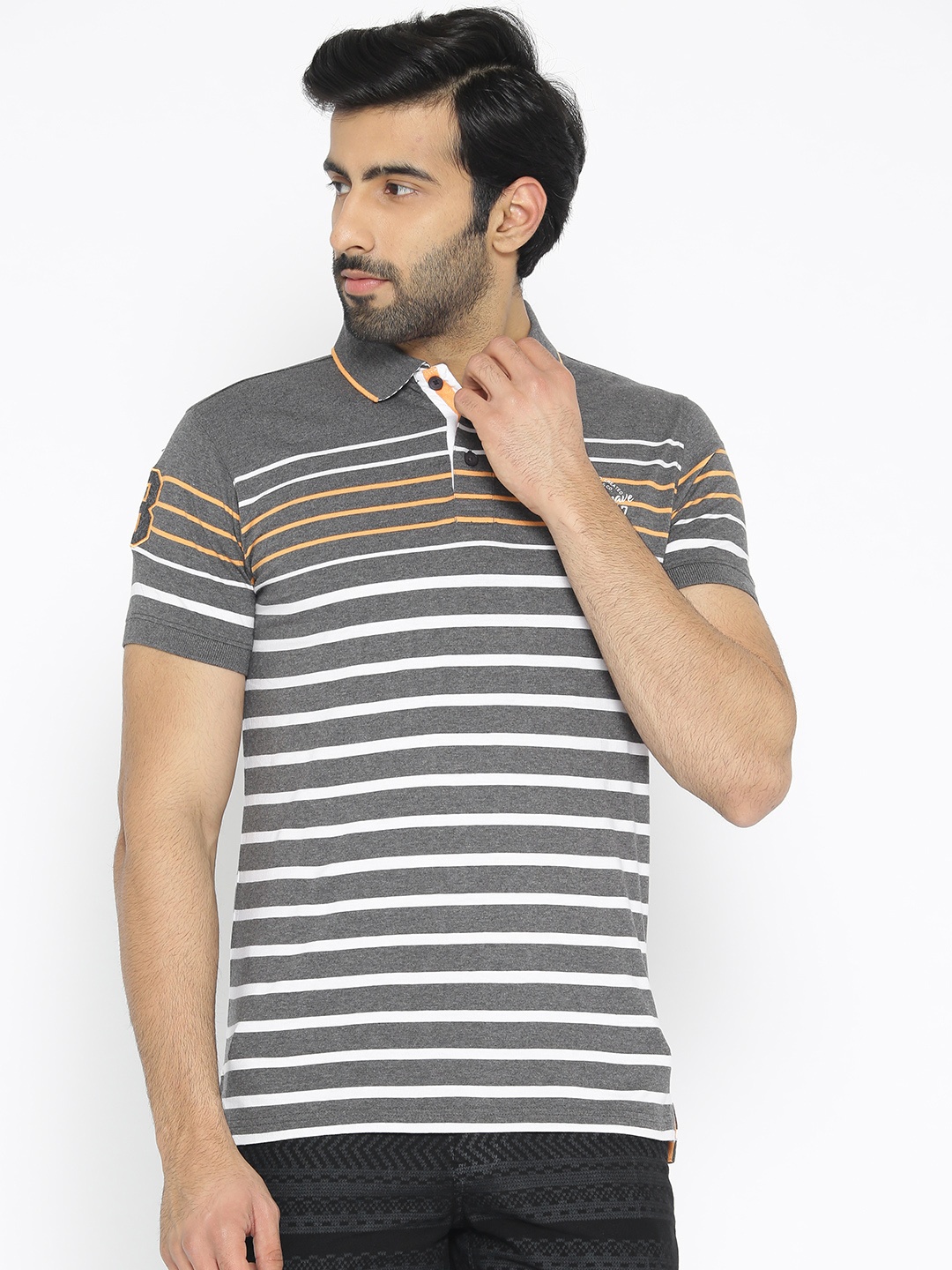 

Oxemberg Men Charcoal Grey & White Striped Polo Collar T-shirt