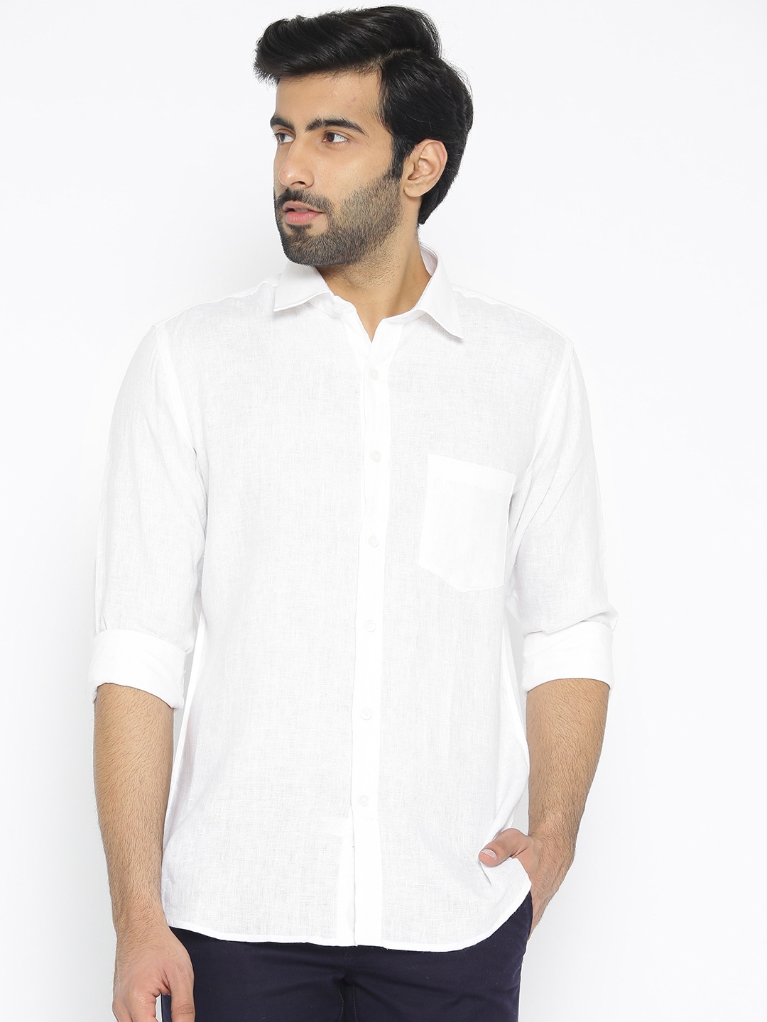 

Oxemberg Men White Slim Fit Solid Linen Casual Shirt
