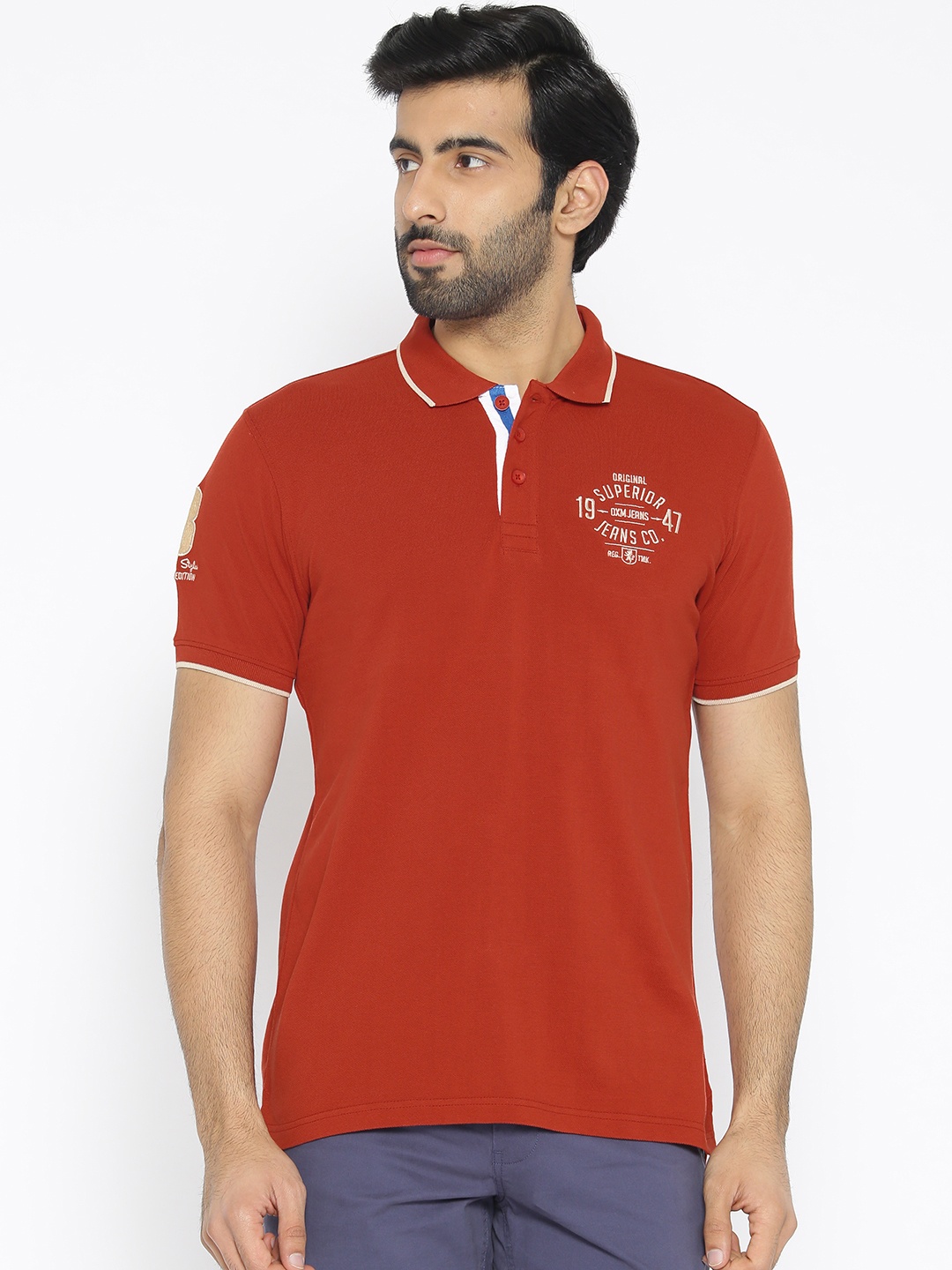 

Oxemberg Men Rust Red Solid Polo Collar T-shirt