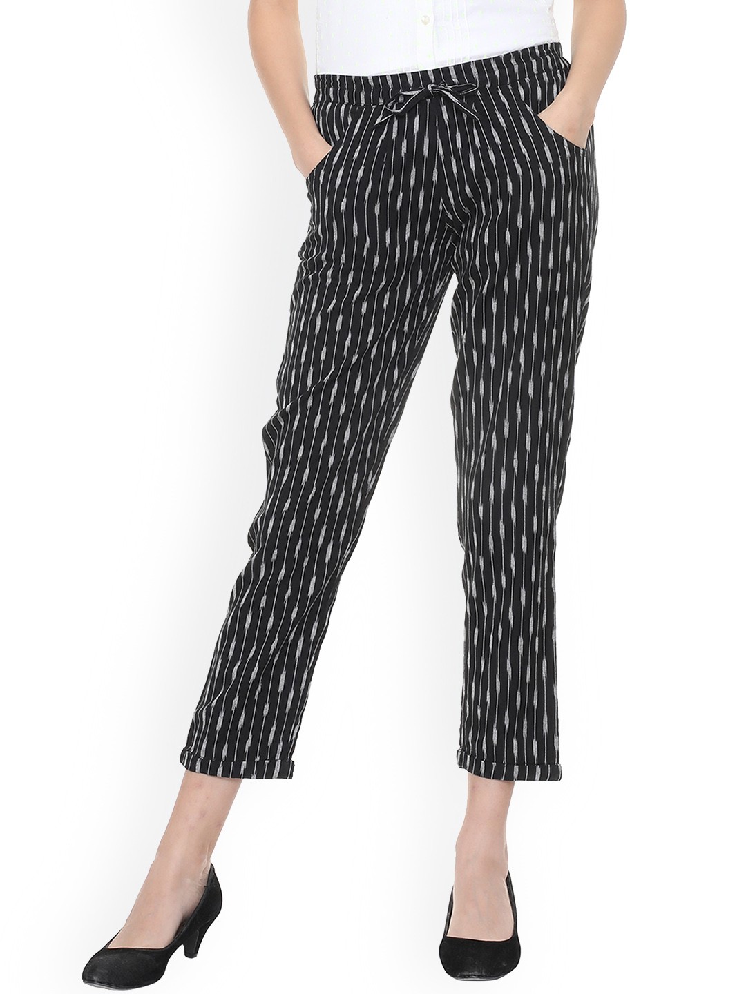 

People Women Black & Grey Regular Fit Striped Peg Trousers