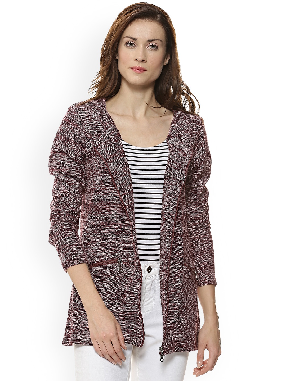 

Campus Sutra Women Maroon Self Design Open Front Jacket