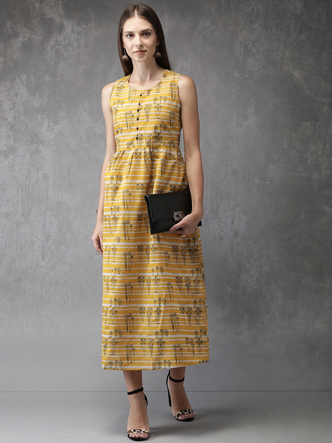 

Anouk Women Yellow Checked Fit and Flare Dress