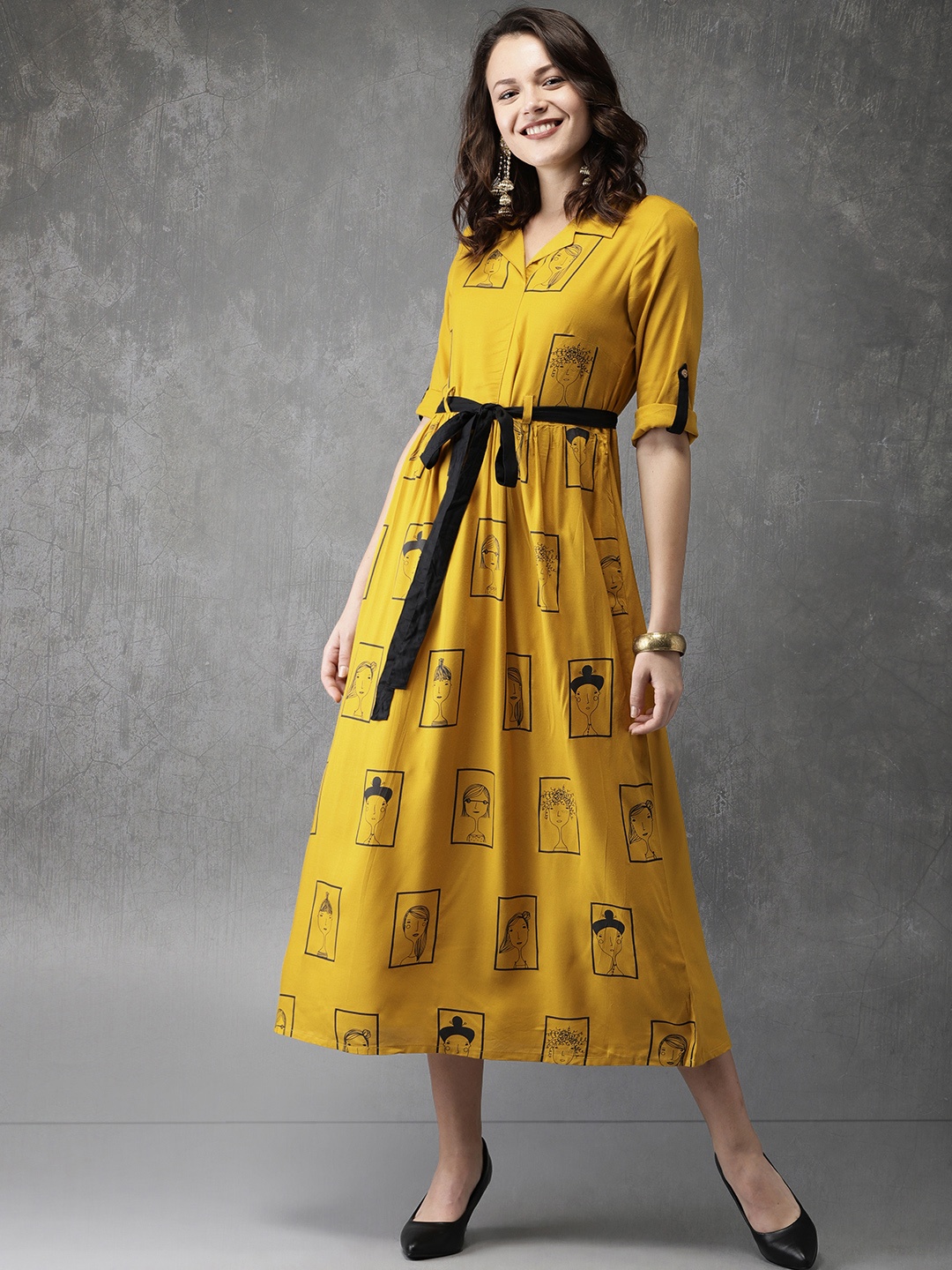 

Anouk Women Mustard Printed Fit and Flare Dress