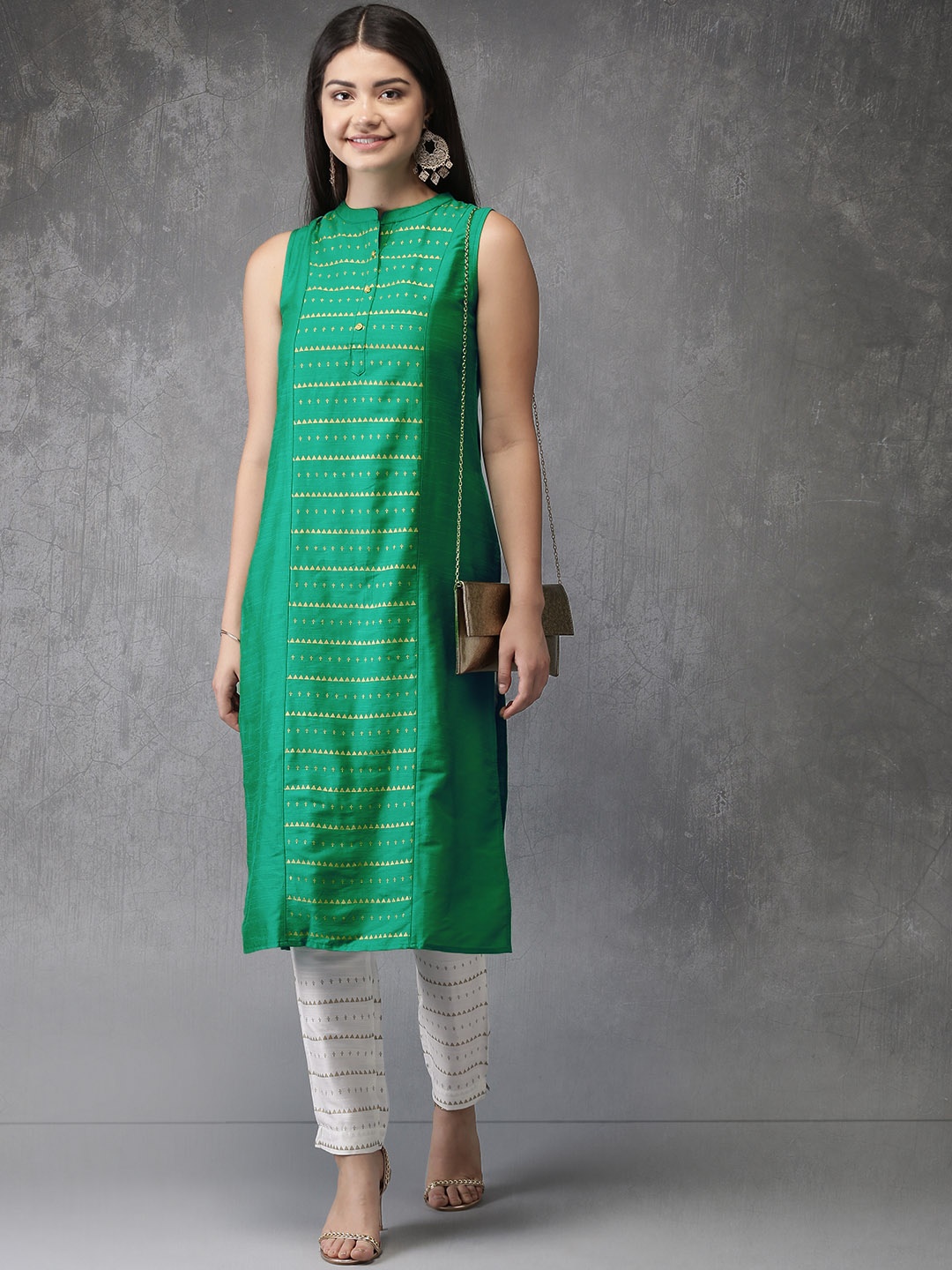 

Anouk Women Green & White Printed Kurta with Trousers