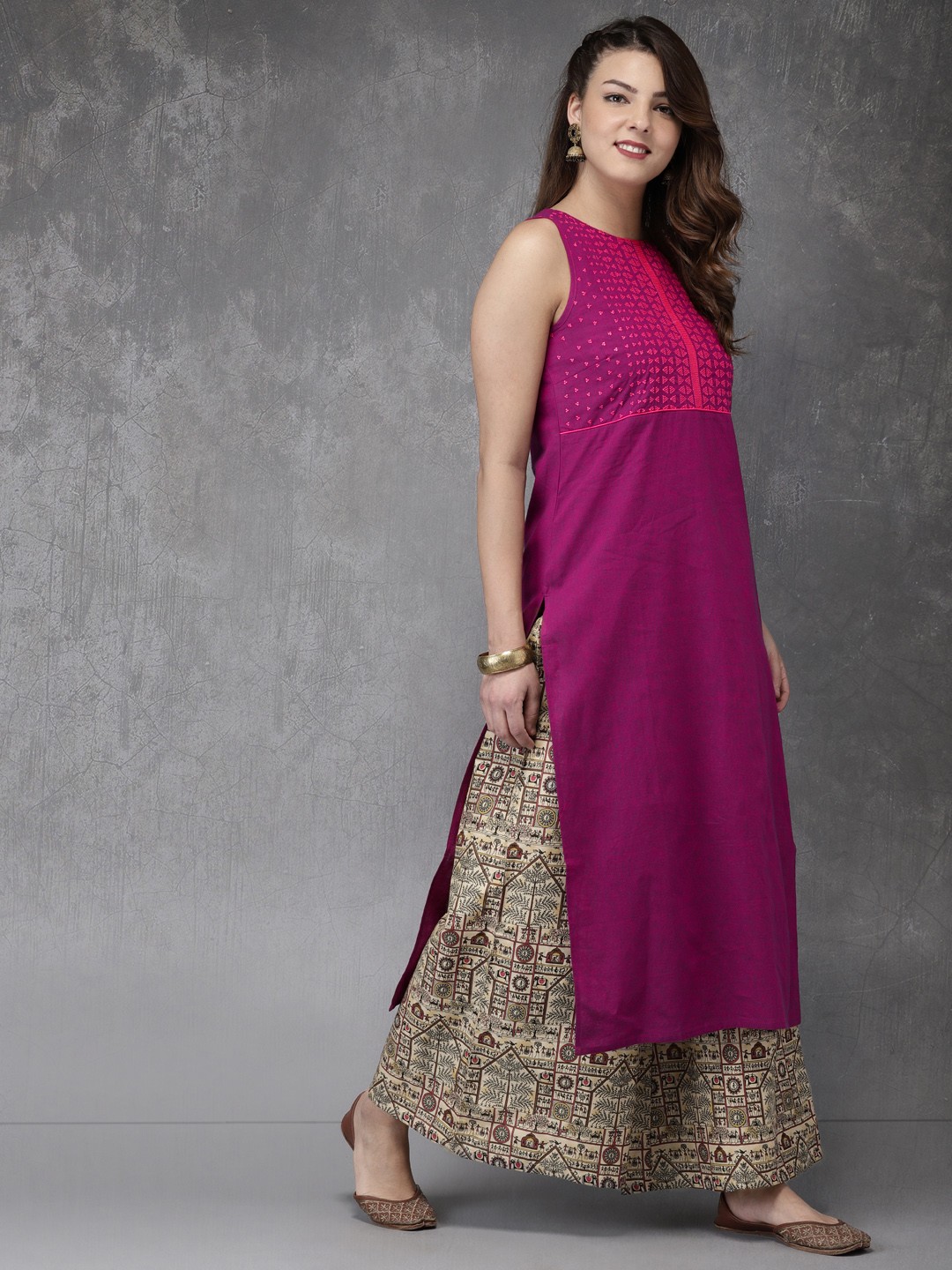 

Anouk Women Magenta & Beige Yoke Design Kurta with Palazzos