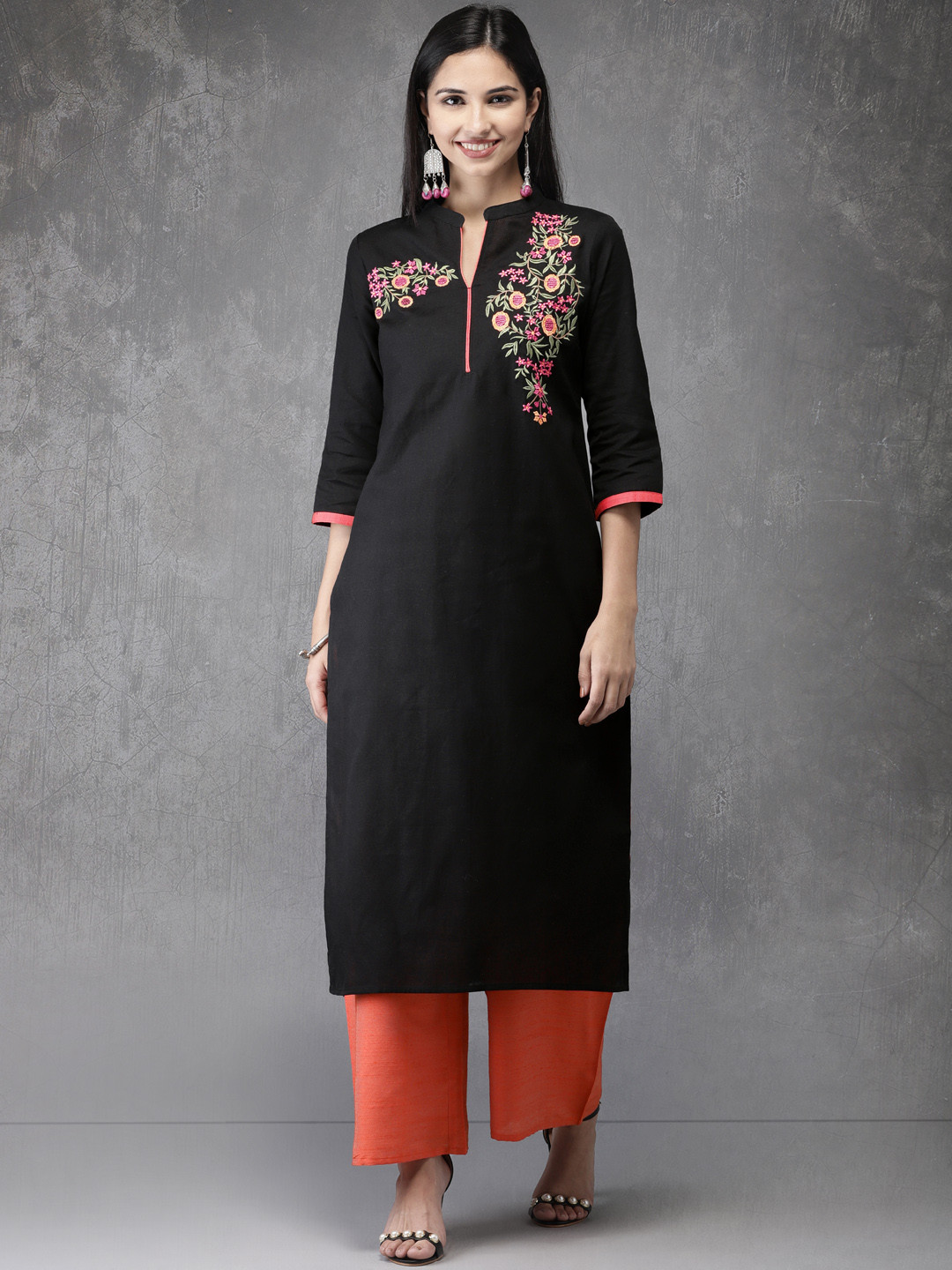 

Anouk Women Black & Coral Pink Embroidered Kurta with Palazzos