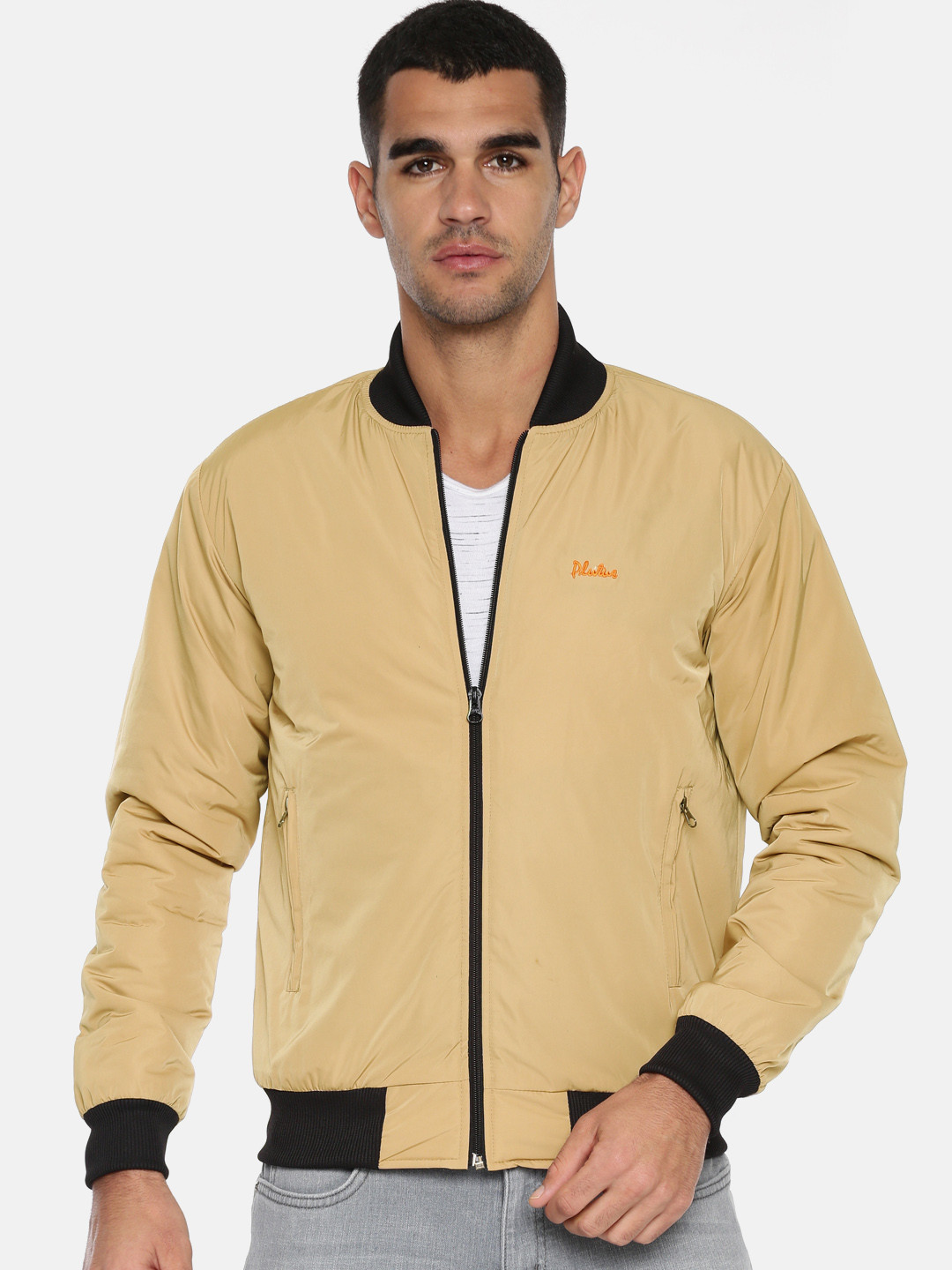 

Plutus Men Beige Solid Bomber Jacket