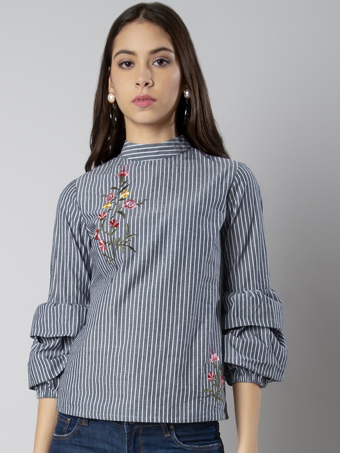 

FabAlley Women Grey Striped Pure Cotton Top