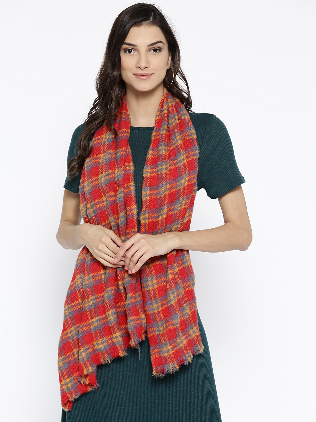 

Style Quotient Women Coral Orange & Grey Checked Shawl