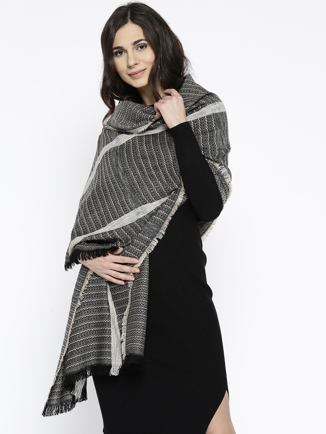 

Style Quotient Women Black & Beige Self-Striped Stole