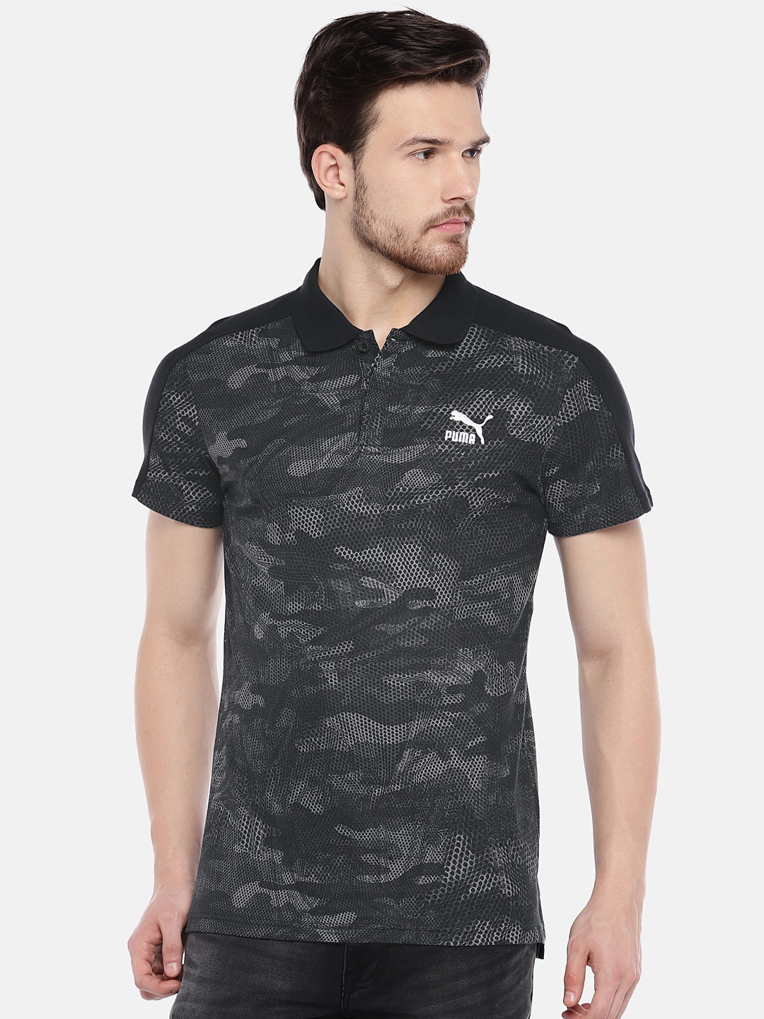 

Puma Men Black Printed Slim Fit Archive Logo AOP Polo Collar Pure Cotton T-shirt