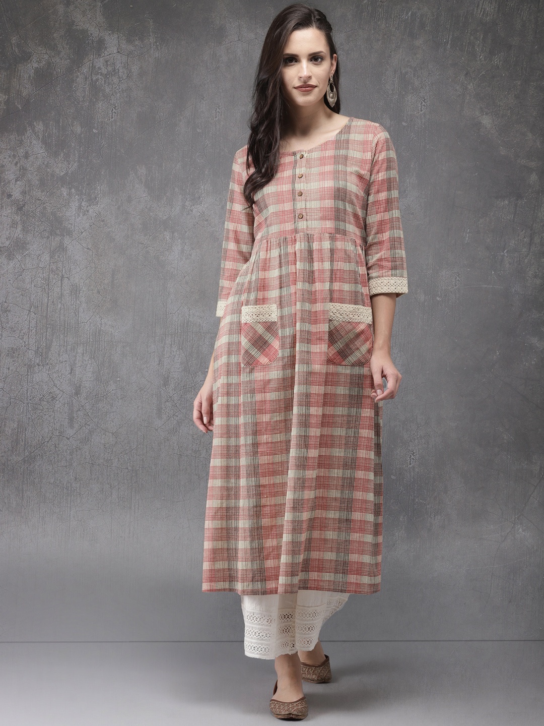 

Anouk Women Beige & Pink Checked A-Line Kurta