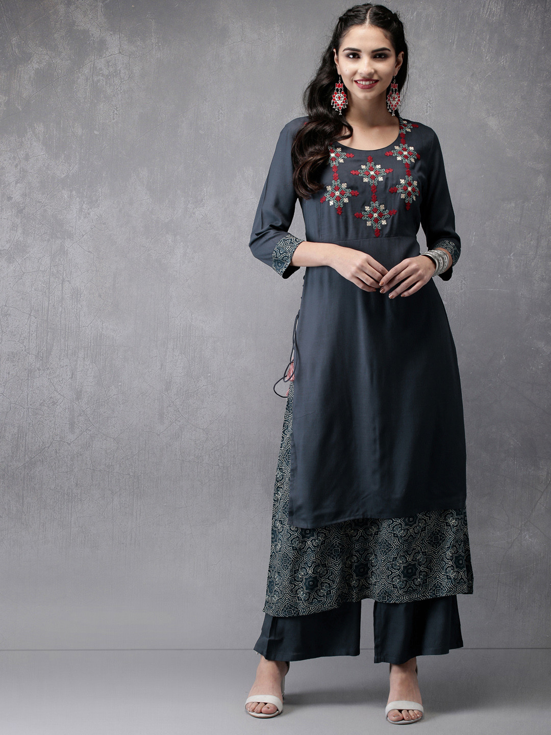 

Anouk Women Navy Blue Embroidered Kurta with Palazzos