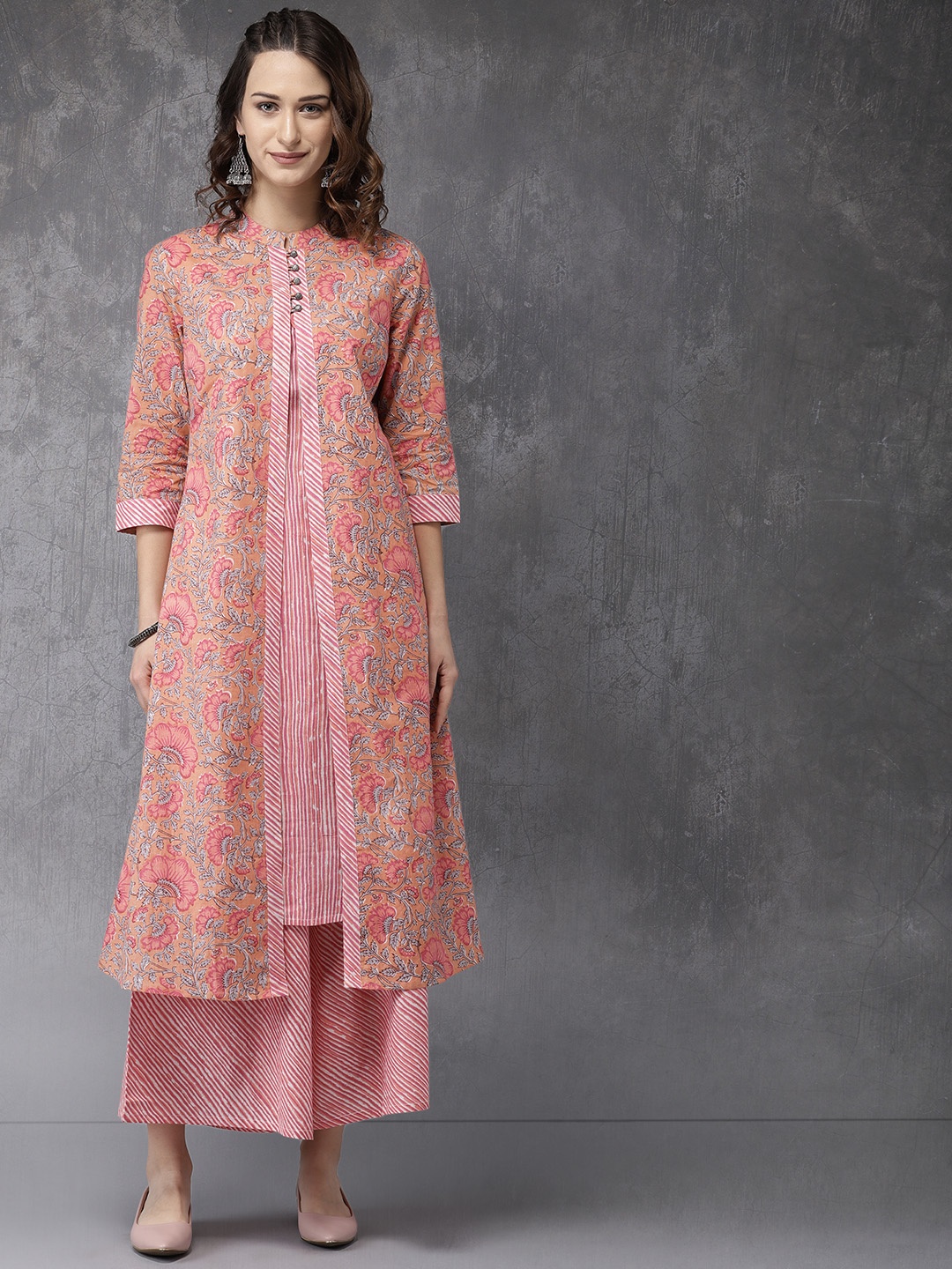 

Anouk Women Pink & Grey Printed Layered Kurta with Palazzos