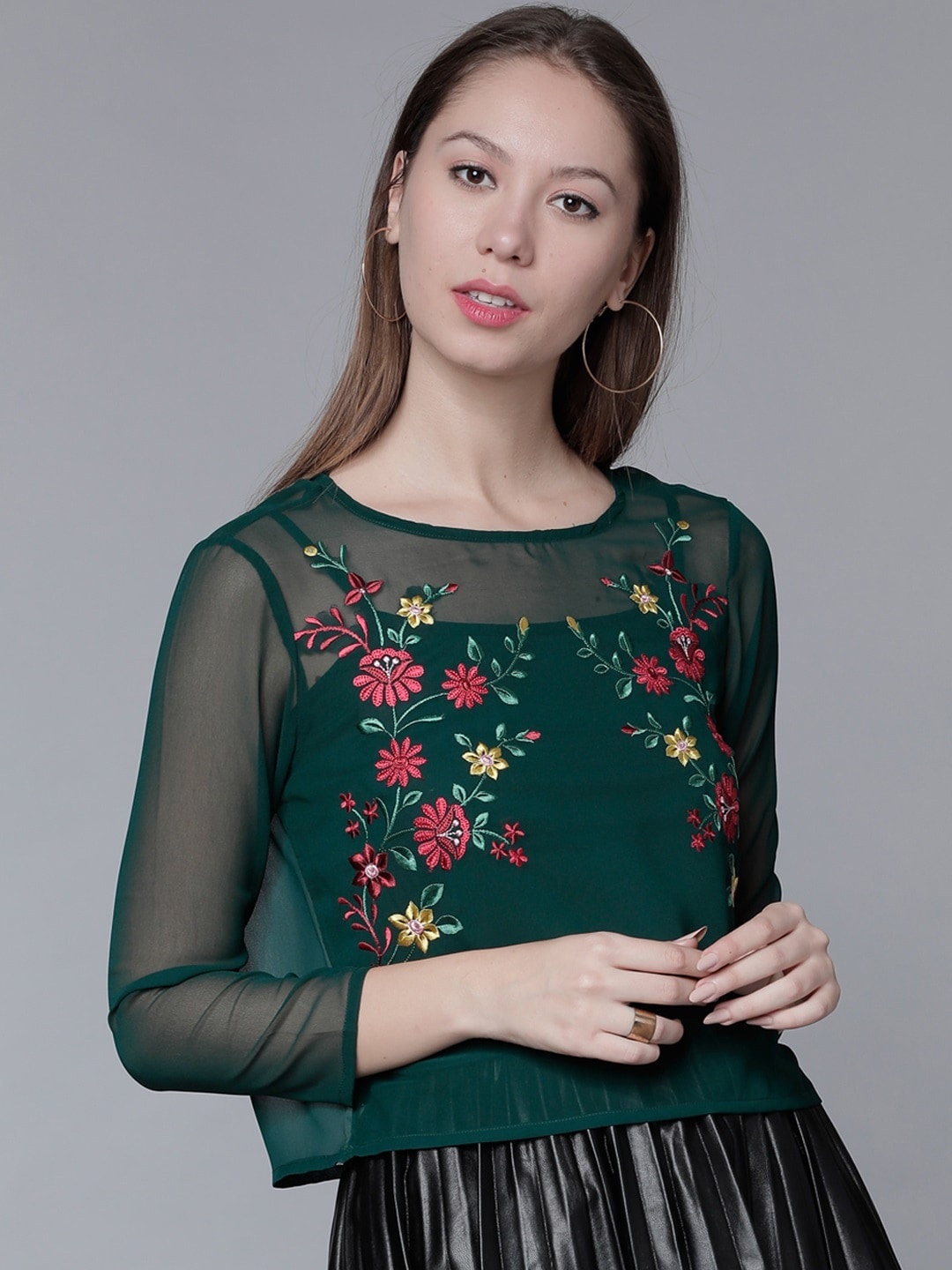 

Tokyo Talkies Women Green Embroidered Sheer Top