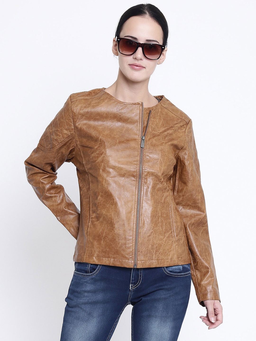 

Crimsoune Club Women Tan Solid Biker Jacket