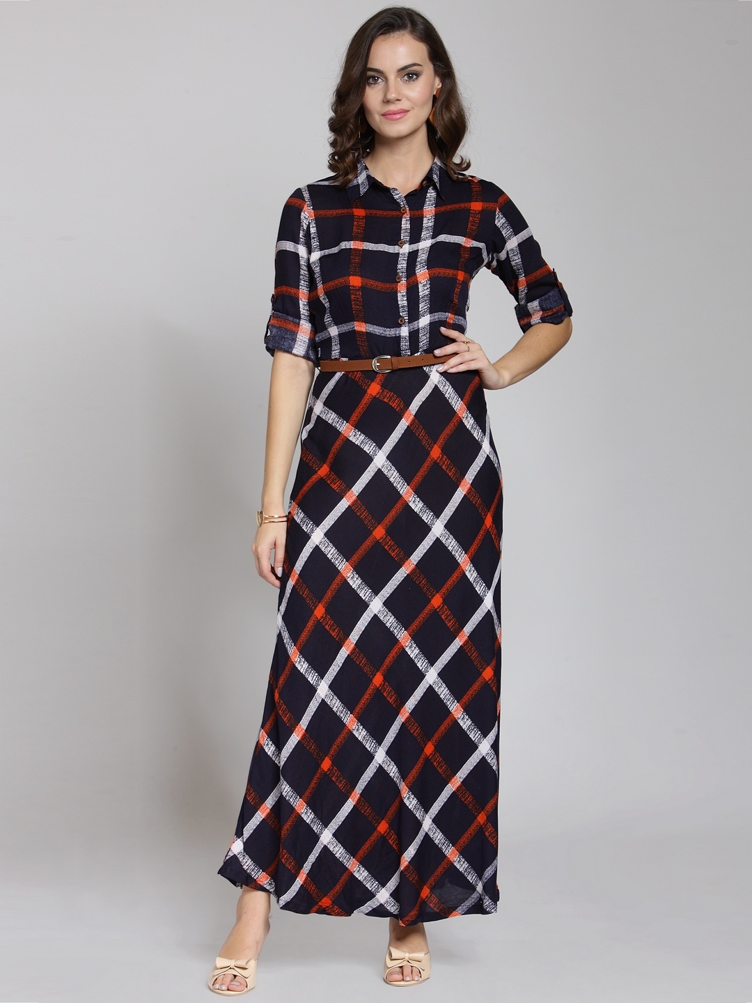 

plusS Women Navy Blue & Orange Checked Maxi Dress