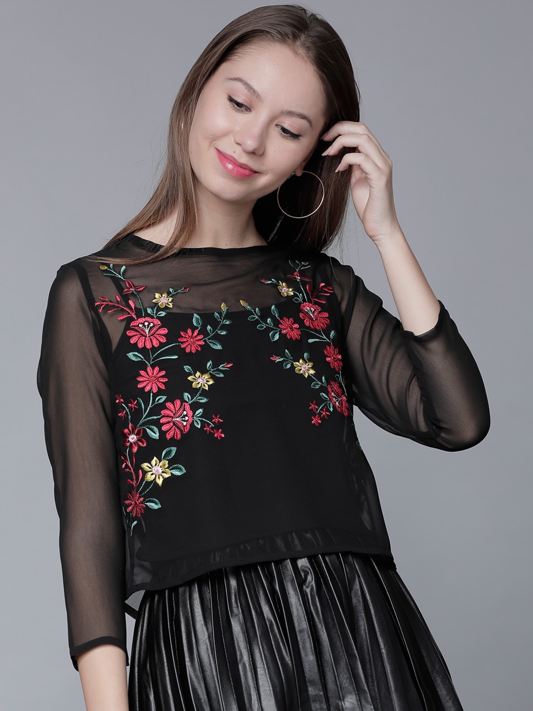

Tokyo Talkies Women Black Embroidered Sheer Pure Cotton Top