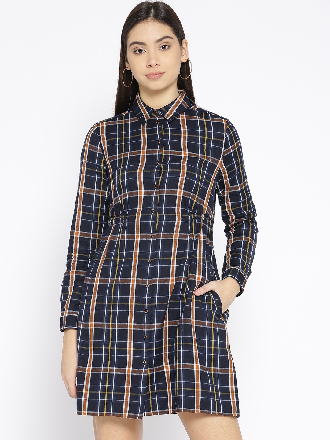 

ESPRIT Women Navy Blue & Brown Checked Shirt Dress