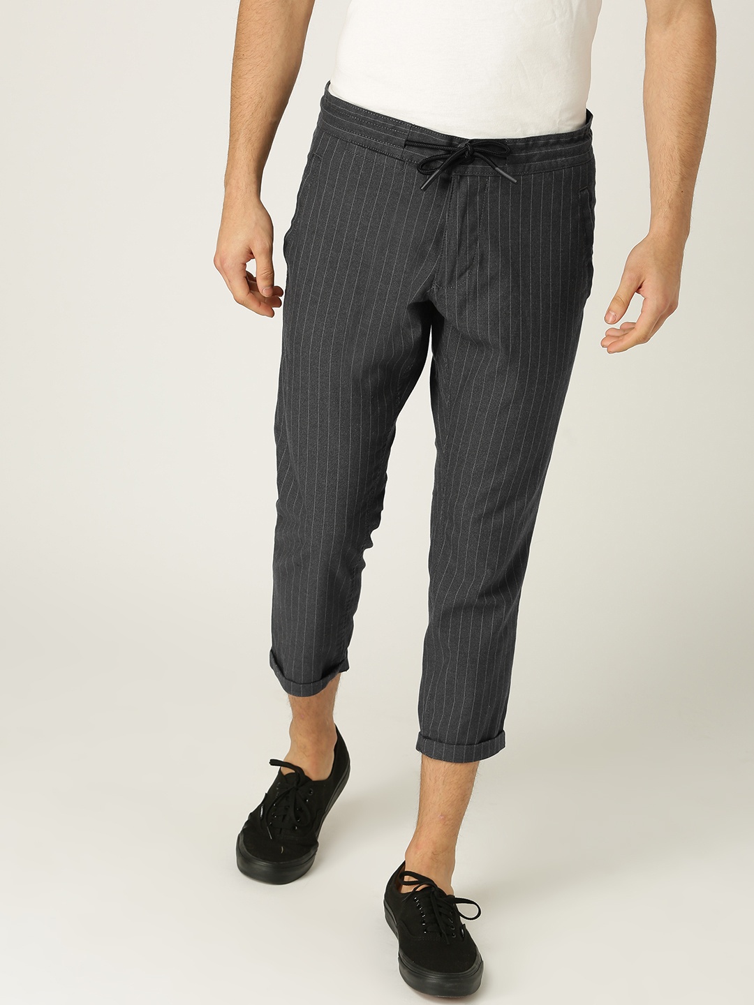 

ESPRIT Men Charcoal Grey Slim Fit Striped Regular Cropped Trousers