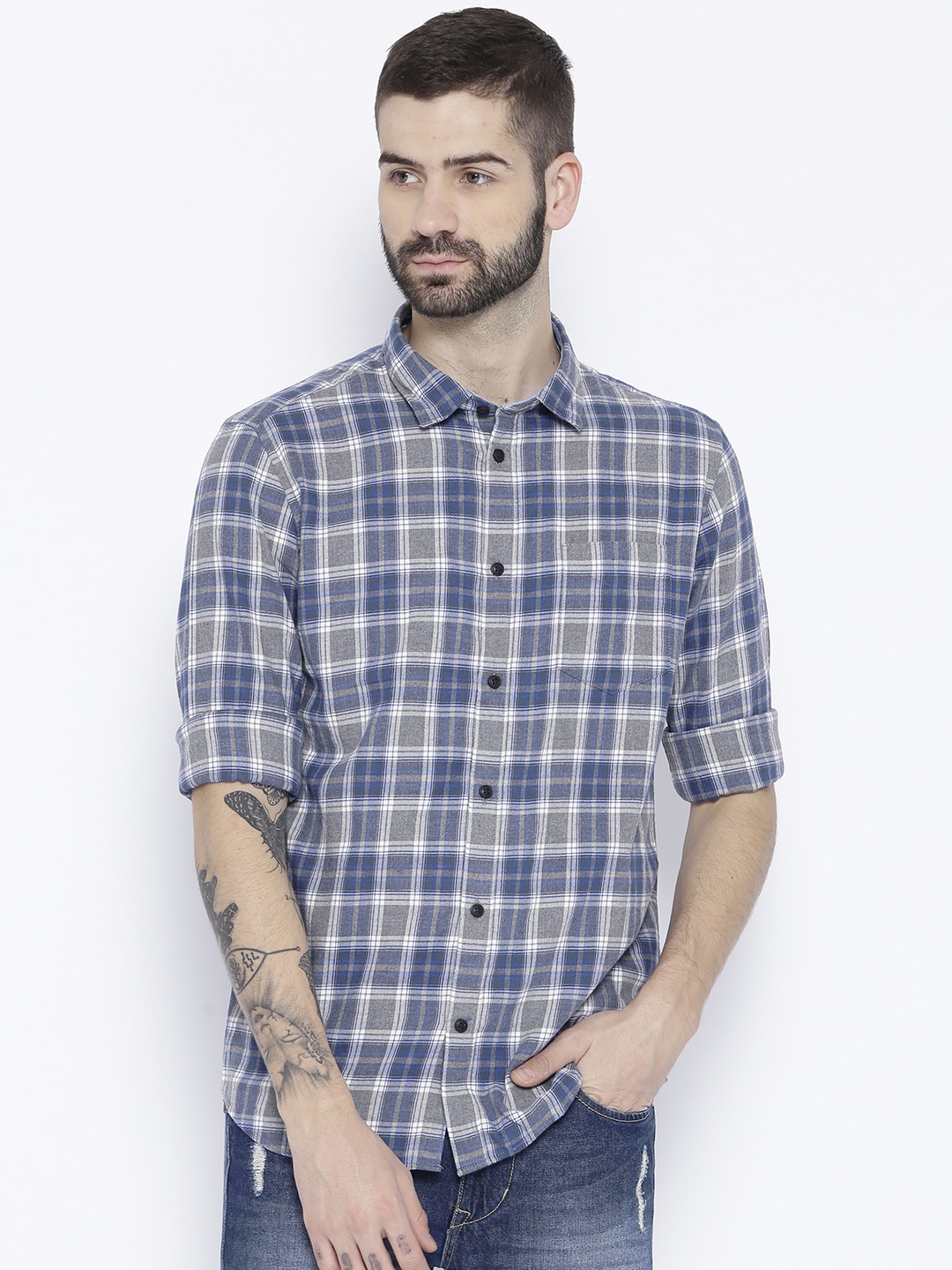 

ESPRIT Men Navy Blue & Grey Slim Fit Checked Casual Shirt