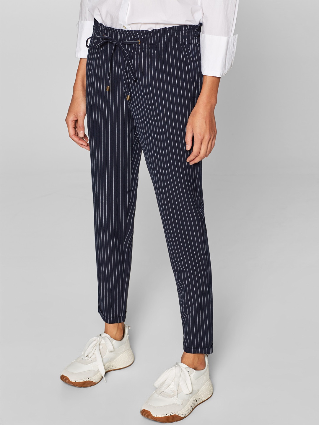 

ESPRIT Women Navy Blue & White Regular Fit Striped Regular Trousers