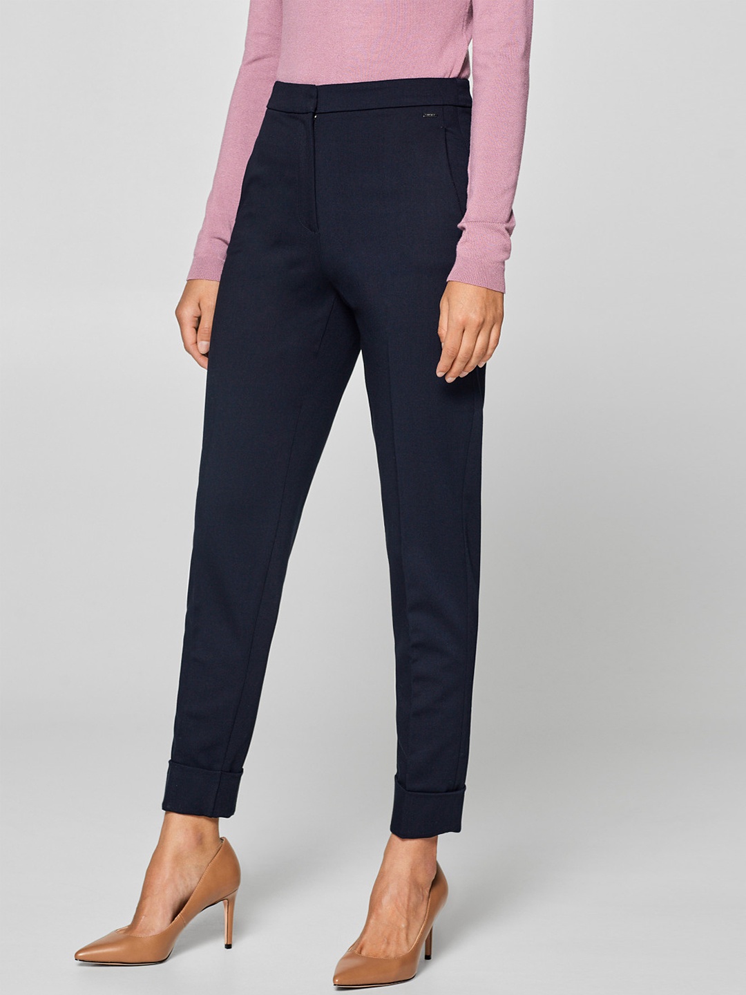 

ESPRIT Women Navy Blue Regular Fit Solid Formal Trousers