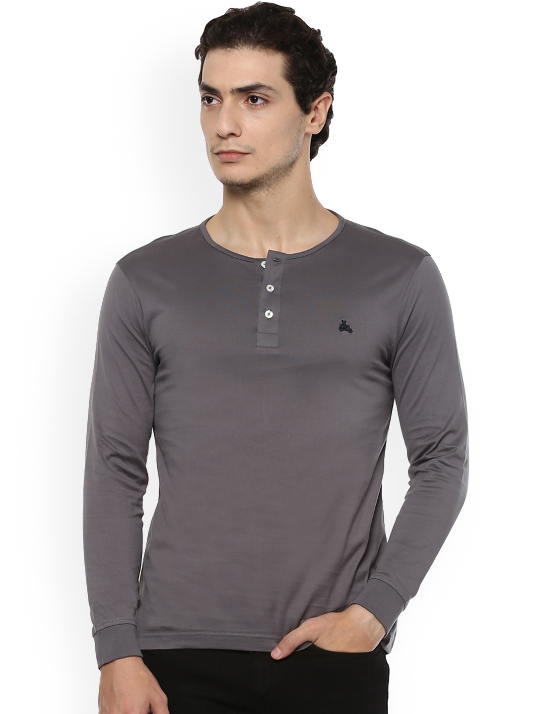 

SIMON CARTER LONDON Men Grey Solid Henley Neck T-shirt