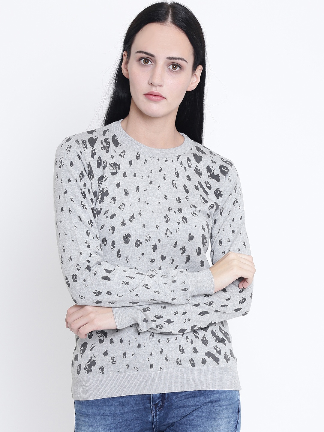 

Crimsoune Club Women Grey & Black Printed Pullover
