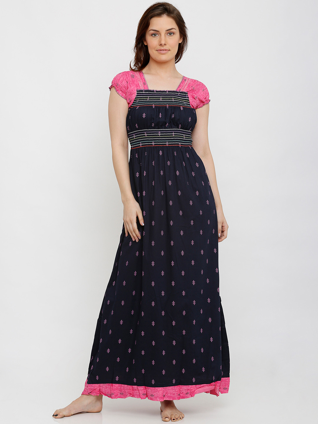

Pretty Awesome Navy Blue & Pink Printed Nightdress