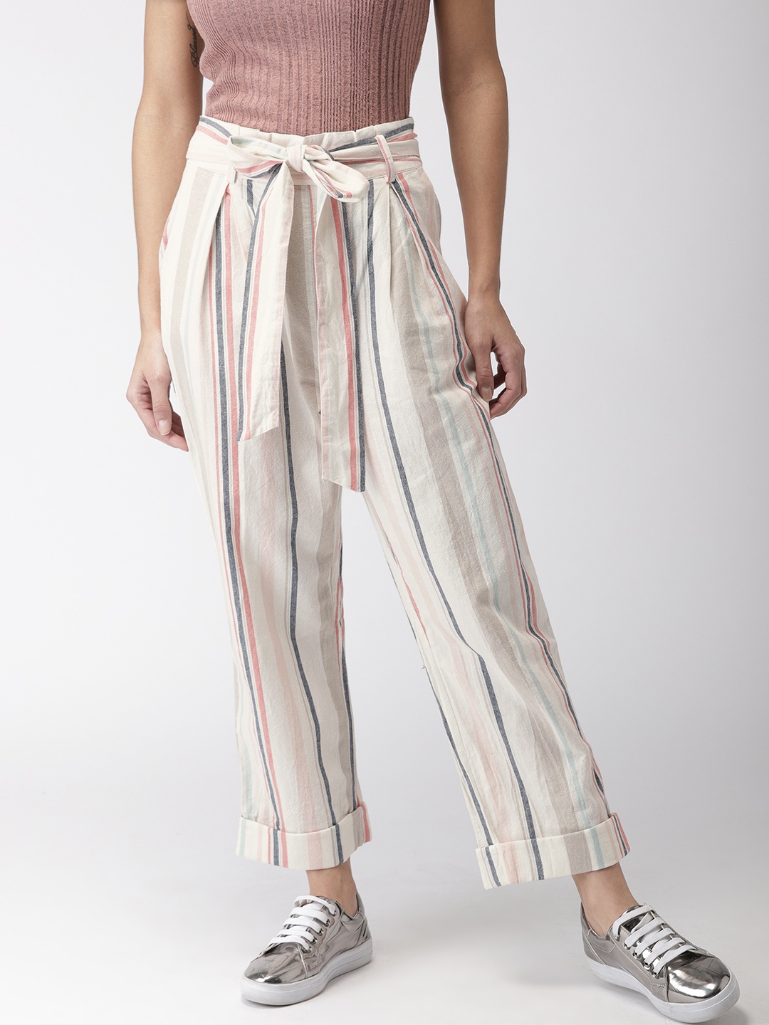 

FOREVER 21 Women Cream-Coloured & Peach-Coloured Regular Fit Striped Parallel Trousers