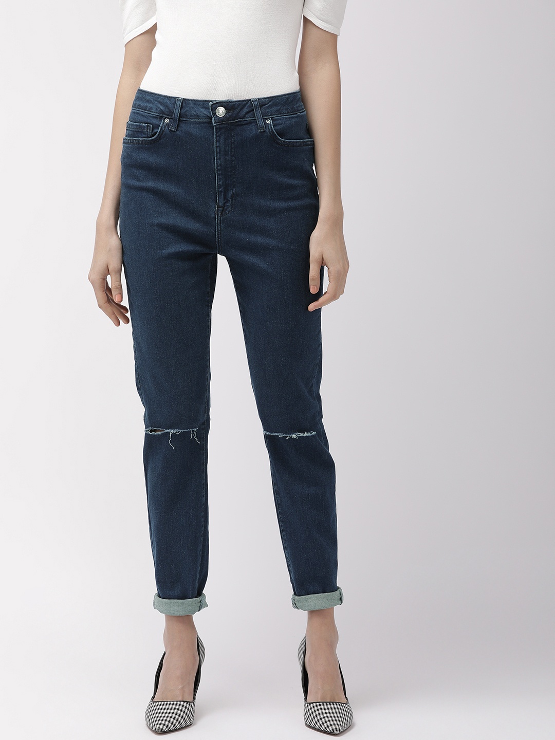 

FOREVER 21 Women Blue Regular Fit High-Rise Slash Knee Stretchable Jeans