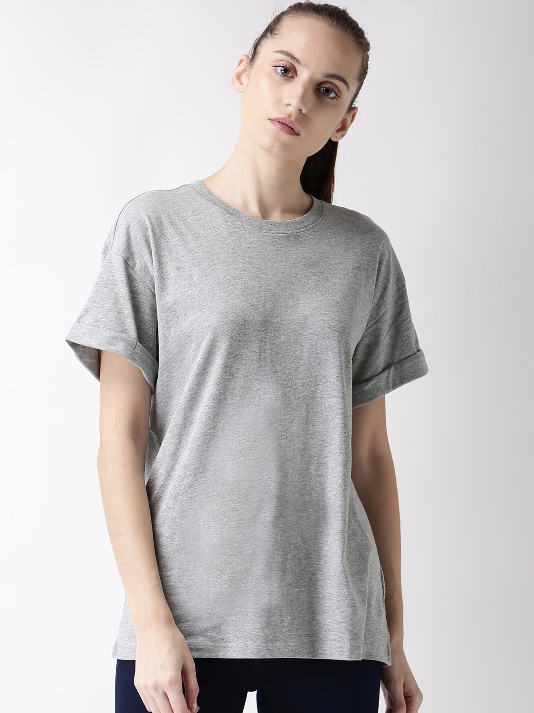 

FOREVER 21 Women Grey Solid Round Neck T-shirt, Grey melange