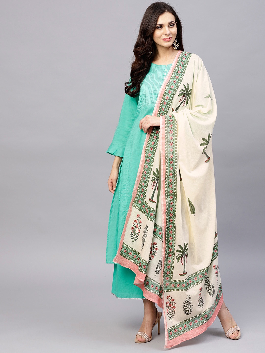 

Bhama Couture Women Green & Off-White Yoke Design Kurta with Palazzos & Dupatta
