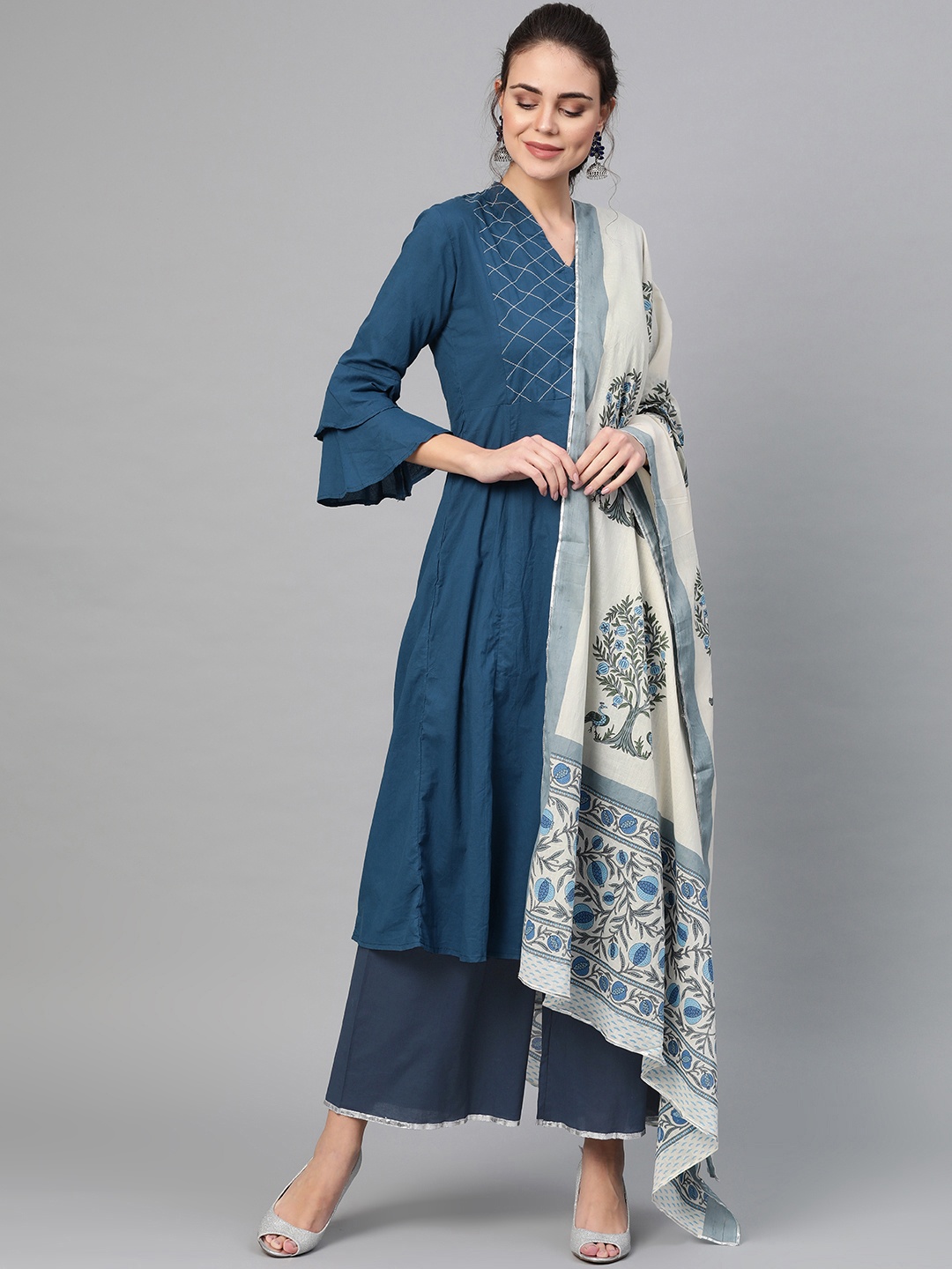 

Bhama Couture Women Navy Blue & Off-White Yoke Design Kurta with Palazzos & Dupatta