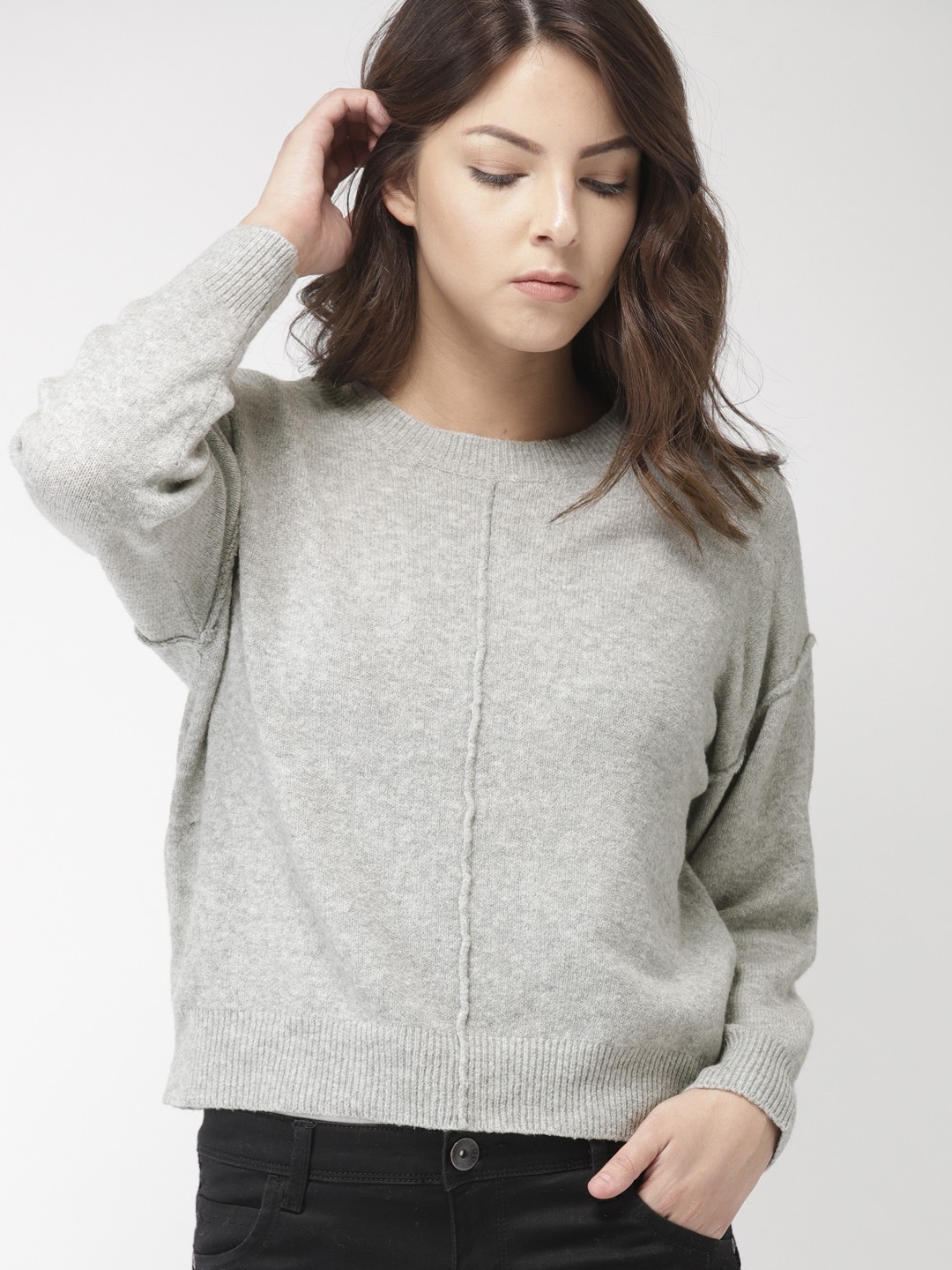 

FOREVER 21 Women Grey-Coloured Solid Pullover Sweater