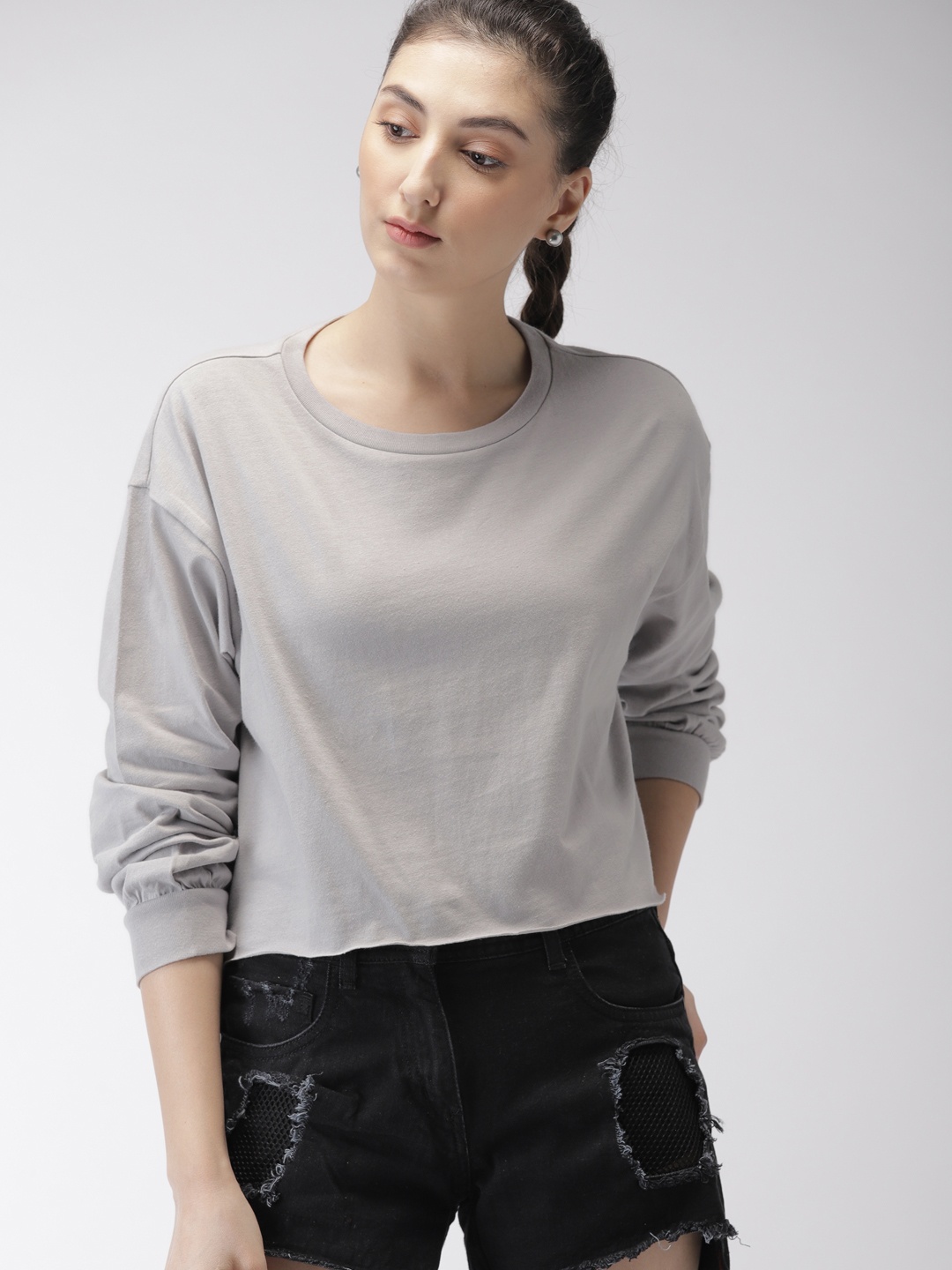 

FOREVER 21 Women Grey Solid Pure Cotton T-Shirt