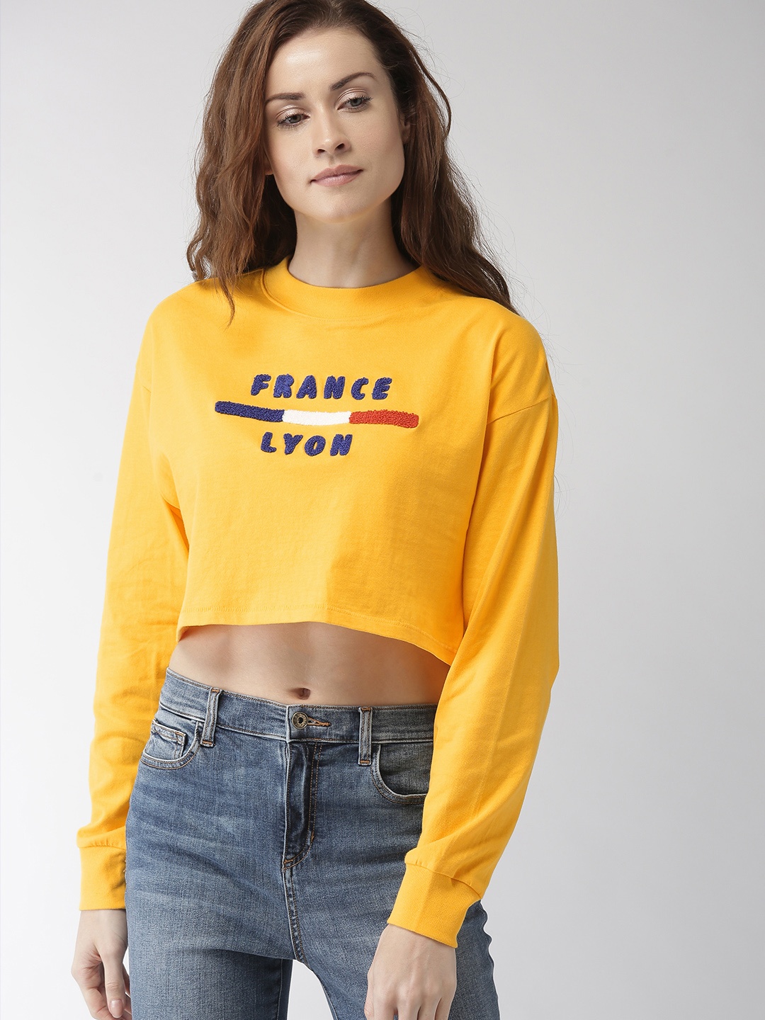 

FOREVER 21 Women Yellow Self Design Crop Pure Cotton T-shirt
