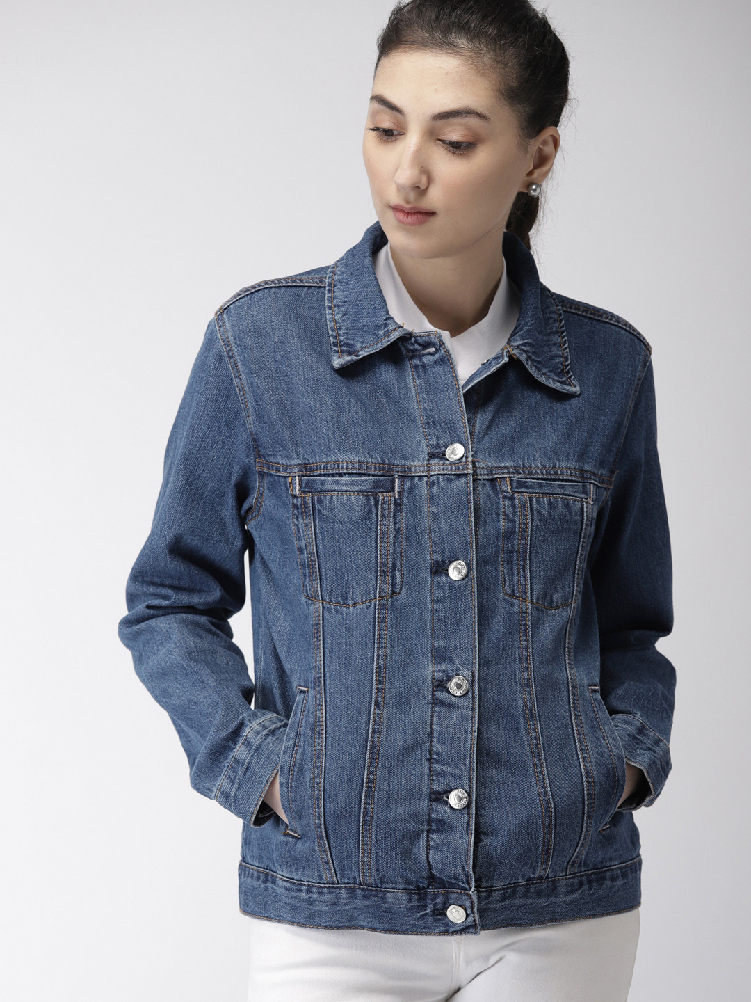 

FOREVER 21 Women Blue Solid Denim Jacket