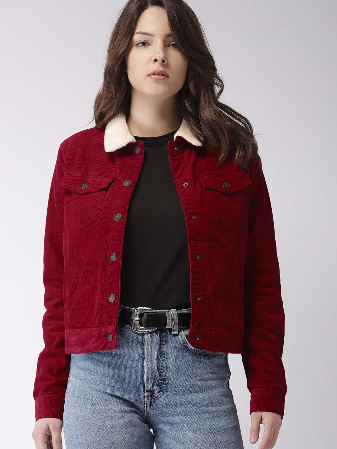 

FOREVER 21 Women Maroon Solid Corduroy Tailored Jacket