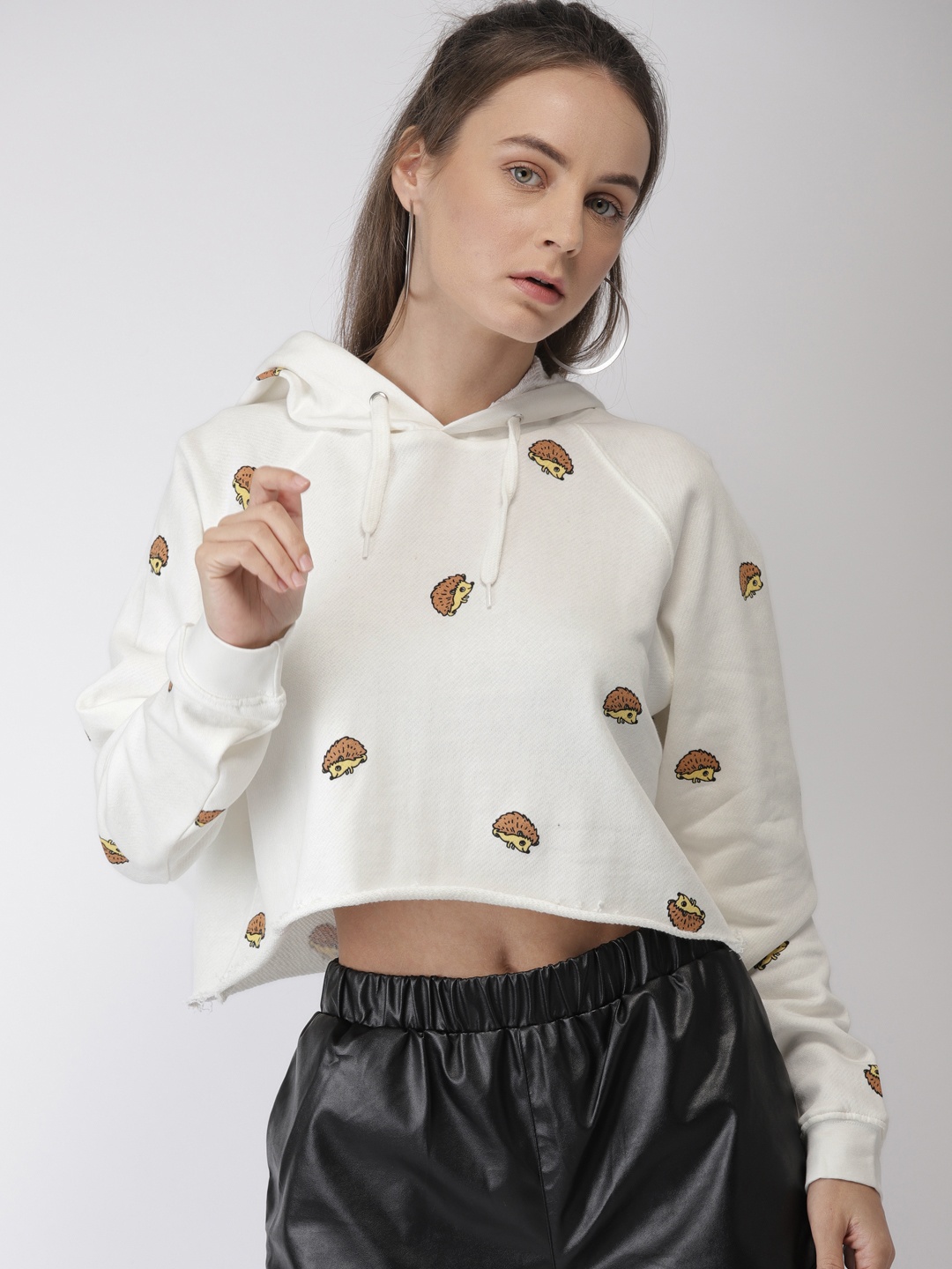 

FOREVER 21 Women Off-White Printed Pullover Hooded Crop Sweatshirt